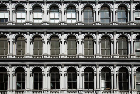Close up of windows of old building in New york city in black and whiteの写真素材