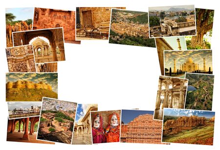 Collage of images from famous location in Rajasthan, India with copy space in the middle on white backgroundの写真素材