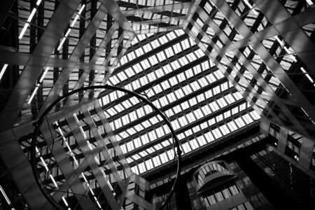 Geometric design architectural details of a modern office building in London, UK.  Picture in black and white.のeditorial素材