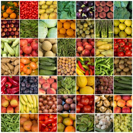 Collage of vegetables and fruits like asparagus, lettuces, tomatoes and applesの写真素材