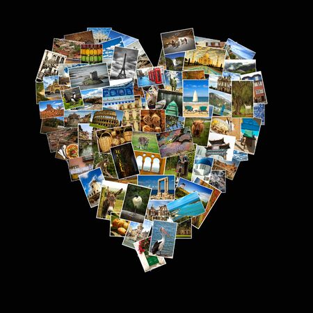 Heart shape made of a collage of travel pictures.  Landscape, animals and landmark from everywhere on black backgroundの写真素材