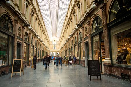 BRUSSELS-BELGIUM, november 17, 2017: The Galeries Royales Saint-Hubert is a glazed shopping arcade in Brussels during 19th-century shoppingのeditorial素材