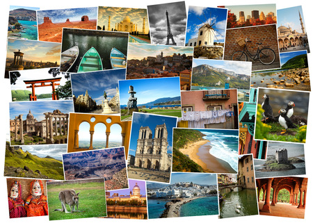 Collage from fabulous location from everywhere, landmark, landscape and  animals with white borderの写真素材