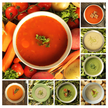Collage showing different kind of soup, Tomato, celery, asparagus, leek, vegetable, and potatoの写真素材