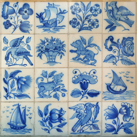 Photograph of 16 different traditional blue portuguese tiles from Lisbon in Portugalの写真素材