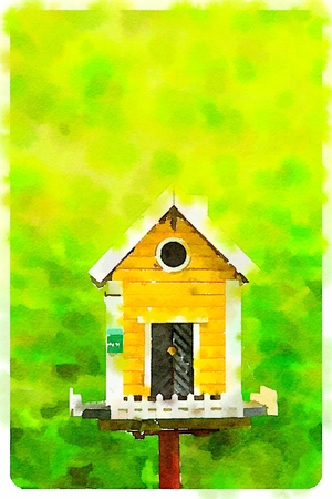 Digital watercolour of yellow birdhouse in a green backgroundの写真素材