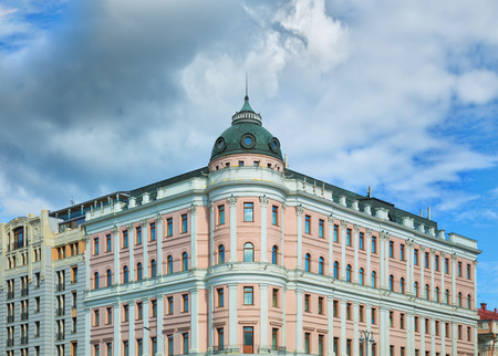 Facade of a historic pink building on Tverskaia street in Tverskoi area in Moscow, Russia.のeditorial素材