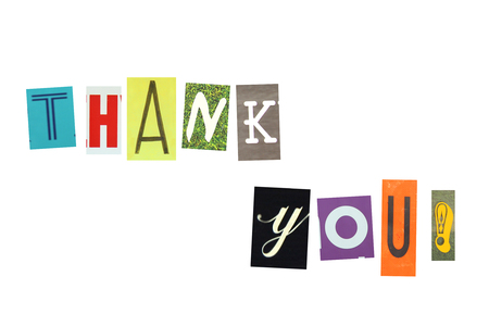 Thank you words made of colorful newspaper letters cut out isolated on white backgroundの写真素材
