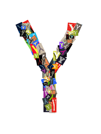 Alphabet collection Capital Y, with the letter being formed with a collage of smaller images, of both capital and lowercase letters, in a variety of fonts and colours. Isolated on white backgroundの写真素材