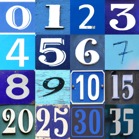 Numbers collection 0 to 15 in different blue tonality and patterns as wood, paper and metal
