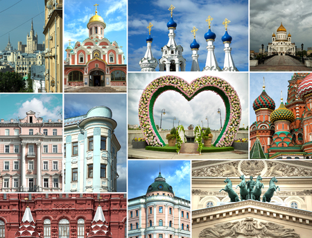 Collage of fabulous location in Moscow in Russia with church, architecture and colorful buildingsの写真素材