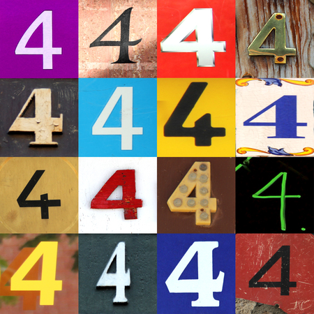 Numbers collection 4 in different colours and patterns as wood, paper and brickの写真素材