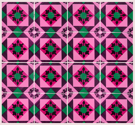 Photograph of traditional portuguese tiles in pink, green and purpleの写真素材