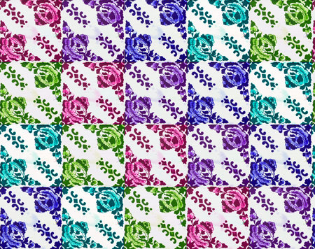 Photograph of traditional portuguese tiles with flowers in 5 different colours.  Pink, purple, blue,...