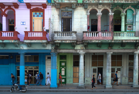 HAVANA-CUBA- DEC 5, 2018:  Neoclassical architecture with column in blue, red, lilac and green in Vedado Havana in Cubaのeditorial素材