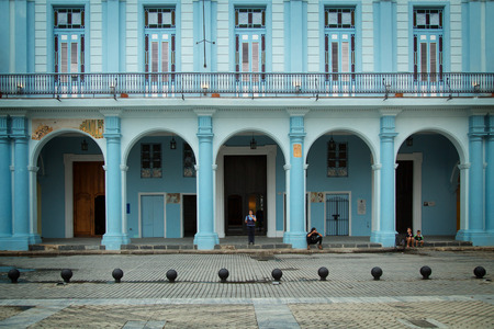 HAVANA-CUBA- DEC 5, 2018:  Neoclassical architecture in pale blue at plaza vieja or Old square in Havana in Cubaのeditorial素材