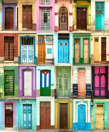 A collage of 24 ancient colorful wooden doors from Havana in Cubaの写真素材