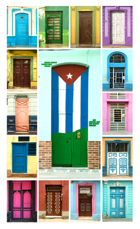 A collage of ancient colorful wooden doors from Havana in Cubaの写真素材