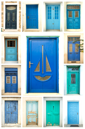 A collage of ancient colorful wooden doors from Greeceの写真素材