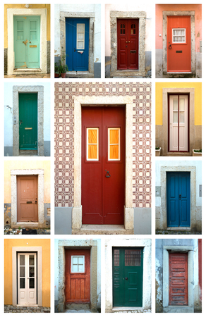 A collage of ancient colorful wooden doors from Lisbon in Portugalの写真素材