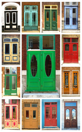 A collage of ancient colorful wooden doors from Quebec in Canadaの写真素材