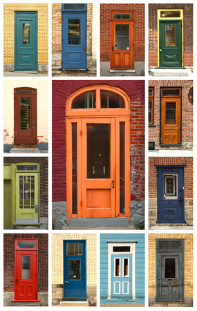 A collage of ancient colorful wooden doors from Quebec in Canadaの写真素材