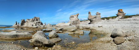 Panorama of Le chateau and agneau monolithe in Mingan Archipelago National Park Reserve in Quebec in Canadaの写真素材