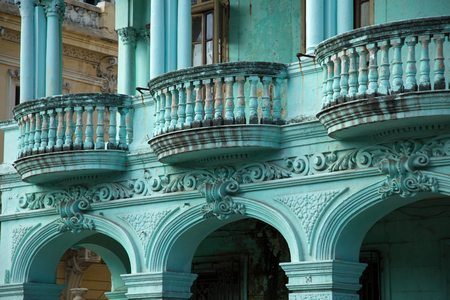 Neoclassical balcony with column in mint green in Old Havana in Cubaのeditorial素材