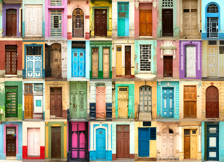 A collage of 40 ancient colorful wooden doors from Havana in Cubaの写真素材