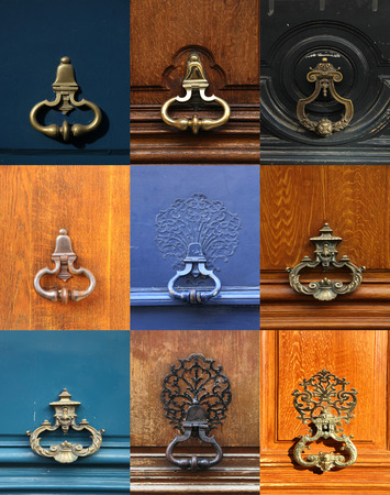 Collage of different knockers and handles on doorsの写真素材