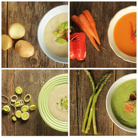 Different variety of soup and veggies on wooden background. Tomato, potato, leak and asparagus.の写真素材