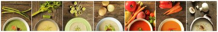 Collage of half of bowl of different variety of soup and veggies on rustic background. の写真素材