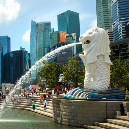 SINGAPORE - October 26, 2019: The Merlion is the official mascot of Singapore, depicted as a mythical creature with a lion's head and the body of a fish.のeditorial素材