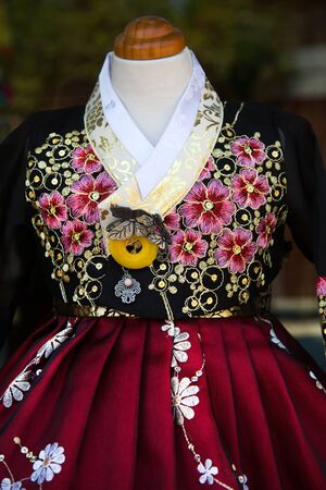 Detail of a hanbok, a traditional Korean dress for semi-formal or formal attire during traditional occasions such as festivals, celebrations, and ceremonies.の写真素材