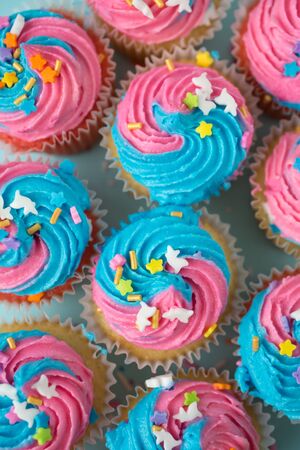 Top view of cupcakes with blue and pink icing on a blue backgroundの写真素材