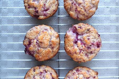 Warm and fresh handmade strawberry muffins on a grillの写真素材