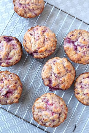 Warm and fresh handmade strawberry muffins on a grillの写真素材
