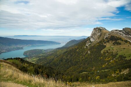 Beautiful view of the French Alps and the lake in Annecy in Franceの写真素材