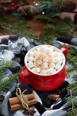 Marshmallow on top of a hot chocolate in a red cup surrounded by christmas candies, cinnamon and pine treesの写真素材