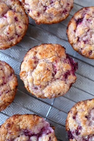 Warm and fresh handmade strawberry muffins on a grillの写真素材