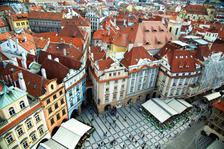 View on the beautiful orange rooftop houses in old town in Pragueの写真素材