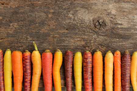 Row of carrots with different colors on a rustic wooden backgroundの写真素材