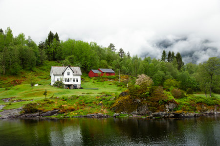 Low cloud clinging to the mountainside in the fjord over colorful houses and garages near Bergen in Norwayの写真素材