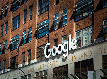 NEW YORK-USA, March 21, 2017: Google sign in front of the Google building, 111 Eighth Avenue and is the property with the highest-listed market value in the city, at $1のeditorial素材