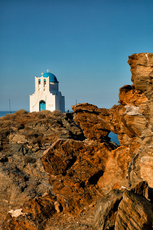 The Church of Seven Martyrs in Kastro village and sits on the top of a rocky islet in Sifnos in Greeceの写真素材