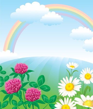 Summer landscape with rainbowのイラスト素材
