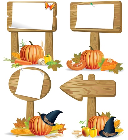 Wooden signs of various forms of the day of Thanksgiving and Harvest.Contains transparent object. のイラスト素材