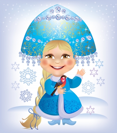 The little girl - Snow Maiden holding a bullfinch. Contains transparent objects.Eps 10.のイラスト素材