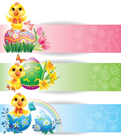 Easter colorful horizontal banners with chicken のイラスト素材