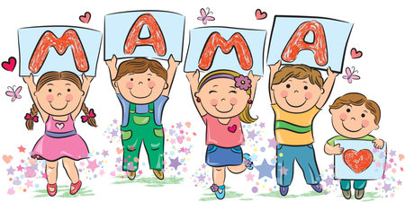 Kids write the word mama. Contains transparent objectsのイラスト素材